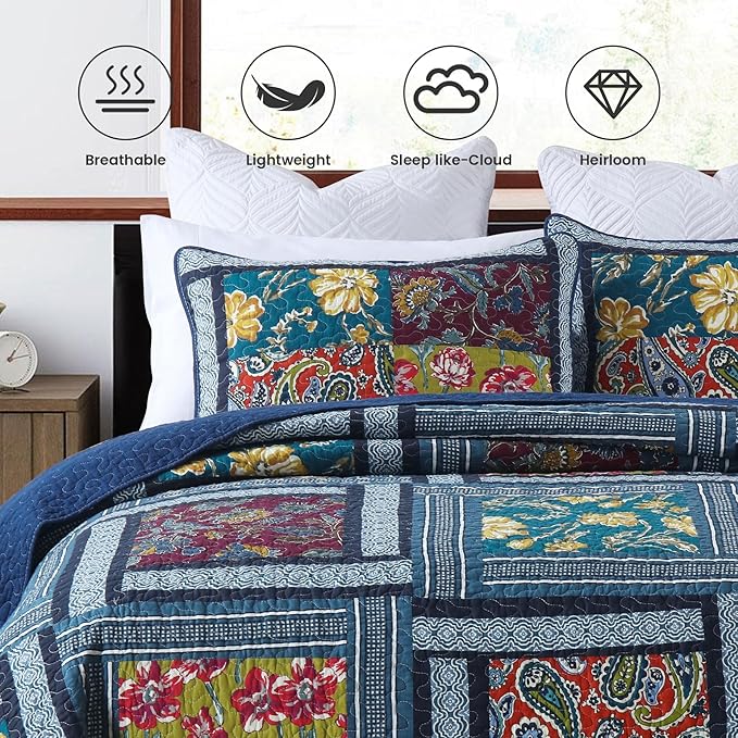Secgo Queen Comforter Set for Bed - 100% Cotton Quilts Queen Size, Burgundy Bedspreads (90 * 98 Inch) with 2 Pillow Shams, Patchwork Reversible Lightweight Bedding