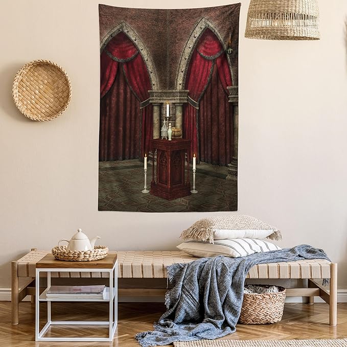 Ambesonne Gothic Tapestry, Mysterious Dark Room in Castle Pillars Candles Atmosphere Pattern, Wall Hanging for Bedroom Living Room Dorm Decor, 60" X 80", Red Black