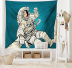 Ambesonne Outer Space Tapestry, Woman Astronaut Hands with Her Better Half Pop Art Style Comic Graphic, Fabric Wall Hanging Decor for Bedroom Living Room Dorm, 28" X 23", Beige Blue