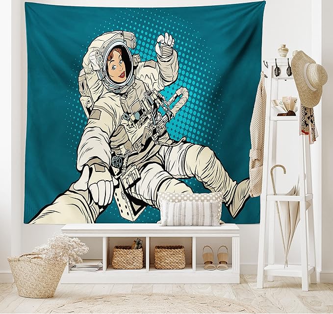 Ambesonne Outer Space Tapestry, Woman Astronaut Hands with Her Better Half Pop Art Style Comic Graphic, Fabric Wall Hanging Decor for Bedroom Living Room Dorm, 45" X 30", Beige Blue