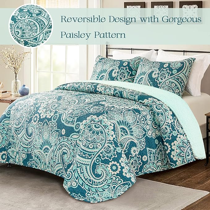 Whale Flotilla Reversible Printed Quilt King Size, Extra Soft Boho Paisley Floral Bedspreads for Bed Lightweight King Quilt Bedding Set Coverlets with 2 Pillow Shams for All Seasons, Turquoise