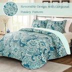 Whale Flotilla Reversible Printed Quilts Queen Size, Extra Soft Boho Paisley Floral Bedspreads for Bed Lightweight Full Queen Quilt Bedding Set Coverlets with 2 Pillow Shams for All Seasons, Turquoise