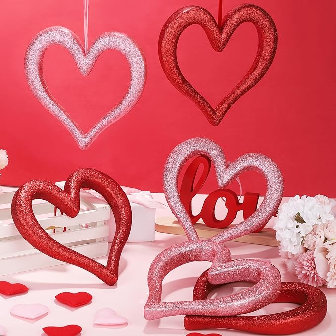 Aneco 8 Pieces Valentine's Day Heart Hanging Ornaments for Tree 9.45 Inch 3D Heart Shaped Decorations Glitter Foam Hearts Wreath for Wedding Valentine Front Door Wall Home Decor