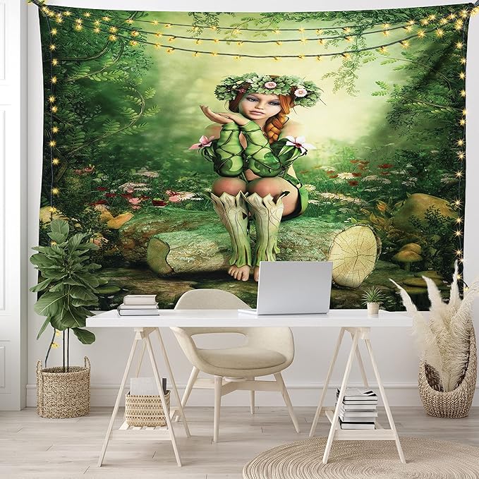 Ambesonne Tale Tapestry, Computer Art Elf Girl Wreath Her Head Sitting on a Tree Stump, Wide Wall Hanging for Bedroom Living Room Dorm, 60" X 40", Green Beige Pink