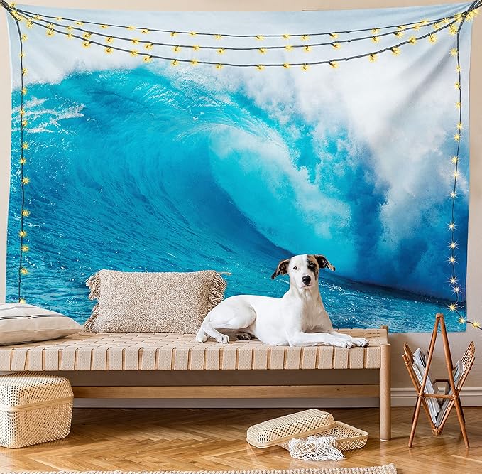 Ambesonne Ocean Tapestry Queen Size, Wavy Ocean Adventurous Surfing Extreme Water Sports Summer Holiday Destination Print, Wall Hanging Bedspread Bed Cover Wall Decor, 88" X 88", Aqua White