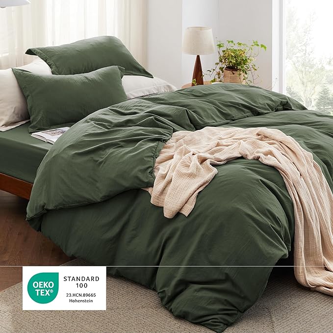 Bedsure Duvet Cover Full Size with Fitted Sheet - 4 Pieces Prewashed Cotton-Like Extra Soft Bedding Set, Includes 1 Duvet Cover 80x90 Inches, 2 Pillow Shams, 1 Fitted Sheet, Olive Green
