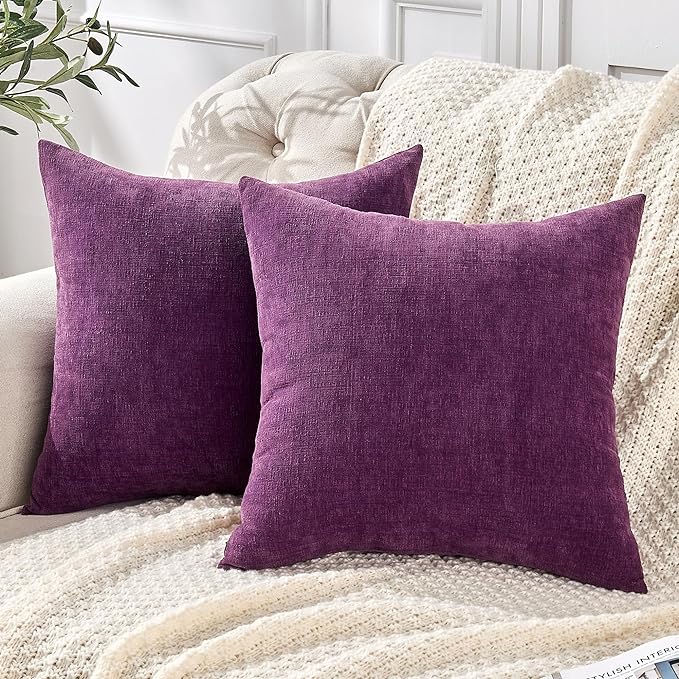GAWAMAY Decorative Throw Pillow Covers 16x16 Inch Set of 2, Super Soft Chenille Square Pillows Farmhouse Fall Pillowcase for Living Room Bedroom Sofa Couch Cushion Cover Purple 40x40cm (No Insert)