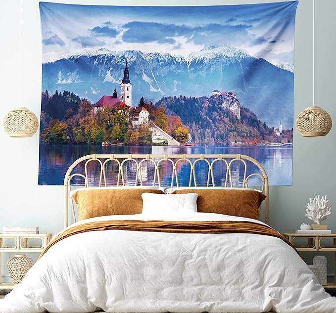 Ambesonne Landscape Tapestry, Photo of Bled in Slovenia with Lake Snowy Mountains and a Castle Pastoral Scenery, Fabric Wall Hanging Decor for Bedroom Living Room Dorm, 30" X 45", Blue Lavender