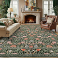 GarveeHome Dark Green Vintage Floral Washable 8x10 Area Rugs for Living Room Boho Botanical Retro Rug Low Pile Stain Resistance Non Slip Carpet for Bedroom Nursery Dining Room