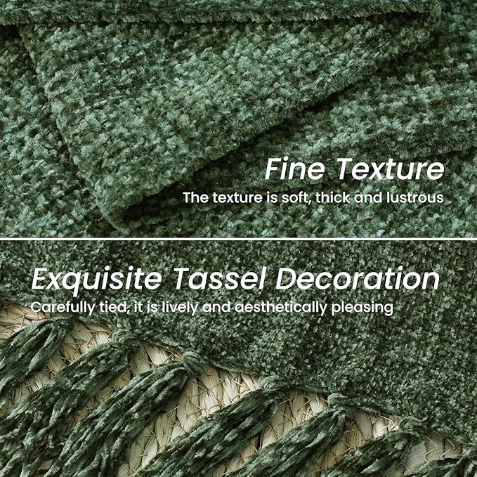 Olive Green Chenille Throw Blanket for Couch Bed，Soft Cozy Throw Blanket with Handmade Fringe, Decorative Blanket for Sofa Chair Living Room for Gift, (Olive Green)