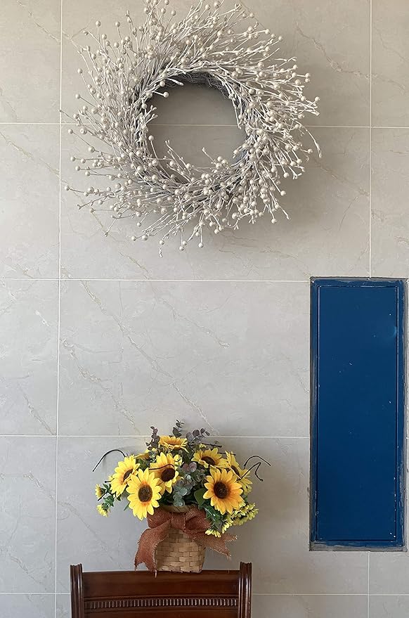 Huashen 24 Inch Winter Front Door Wreath Pearl White Berry Wreath Winter Wreaths for Front Door, Fireplace, Mantel, Xmas Christmas Décor
