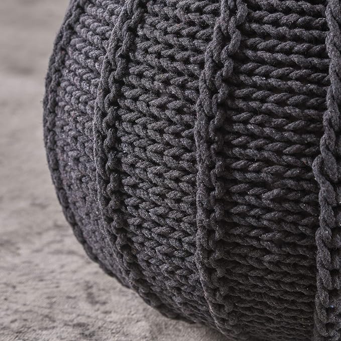 Christopher Knight Home Agatha Knitted Cotton Pouf, Dark Grey Small
