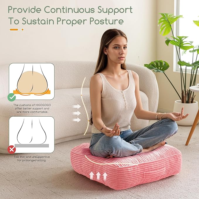 6" Washable Floor Pillow Cushion for Adults, Meditation Cushion Pillow, Large Square Floor Sitting, Removable Tufted Corduroy Cover, for Tatami Living Room or Yoga, 22x22 Inch, 2Pack, Machine Washable