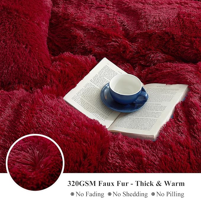 XeGe Plush Shaggy Duvet Cover Set, Luxury Soft Crystal Velvet Fluffy Furry Bedding Sets 2 Pieces(1 Faux Fur Fuzzy Comforter Cover + 1 Faux Fur Throw Pillow Sham), Zipper Closure (Twin, Red)