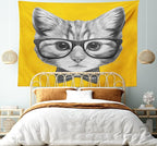 Ambesonne Animal Tapestry, Sketchy Hand Drawn Design Hipster Cat Kitten Glasses Image Print, Wide Wall Hanging for Bedroom Living Room Dorm, 60" X 40", Grey Mustard