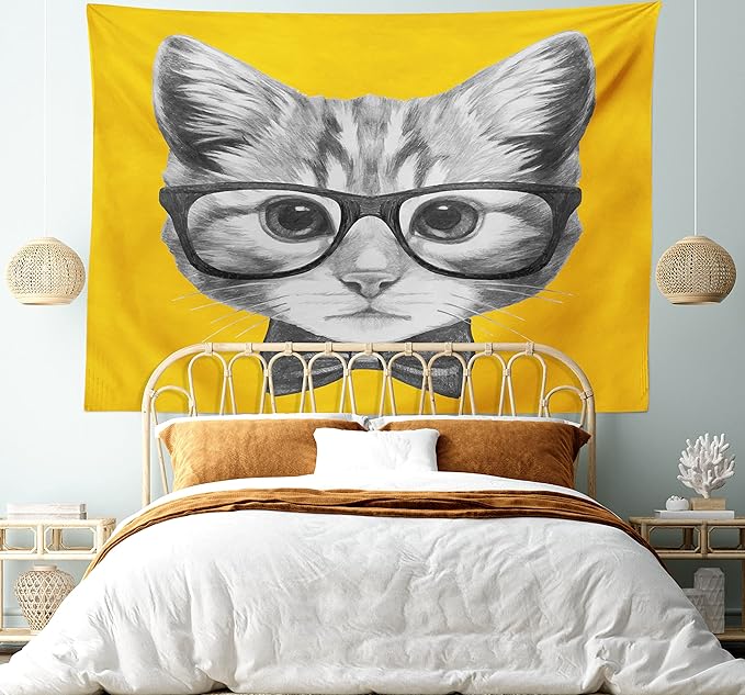 Ambesonne Animal Tapestry, Sketchy Hand Drawn Design Hipster Cat Kitten Glasses Image Print, Fabric Wall Hanging Decor for Bedroom Living Room Dorm, 45" X 30", Grey Mustard