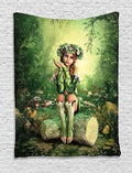 Ambesonne Tale Tapestry, Computer Art Elf Girl Wreath Her Head Sitting on a Tree Stump, Wall Hanging for Bedroom Living Room Dorm Decor, 60" X 80", Green Beige Pink