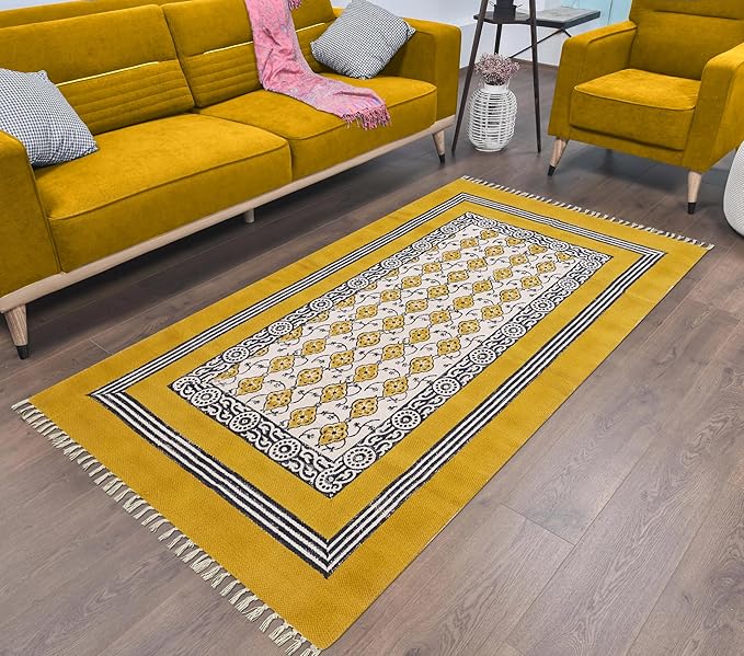 Flatweave Kilim Runner 2.6x4 Cotton Runner Floral Design Yellow Beige Hand Block Printed Cotton Rug Thick 0.19" Handmade Boho Indoor Outdoor Rugs for Kitchen Bedside Enterway Idea