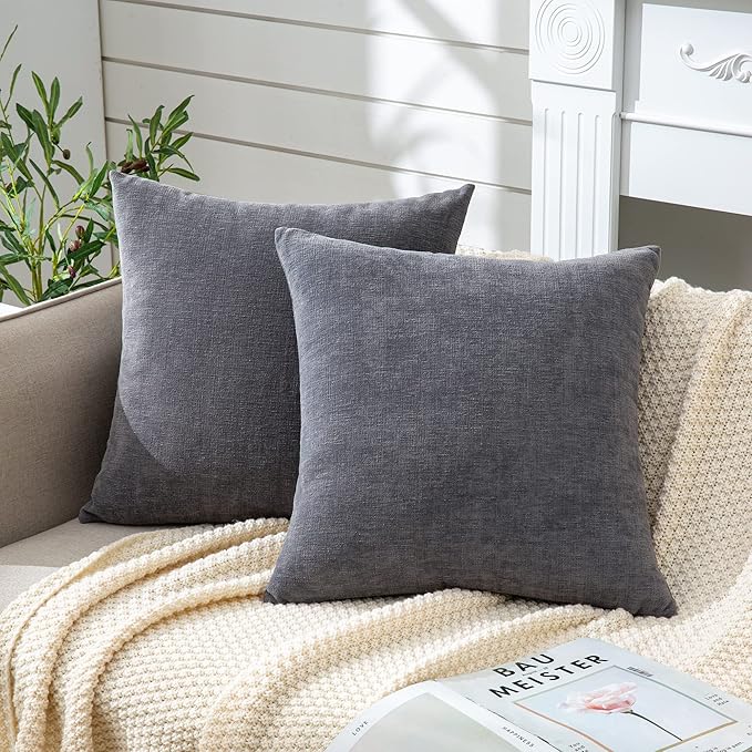 GAWAMAY Decorative Square Throw Pillow Covers 22"x22" Inch Set of 2, Super Soft Chenille Pillows Farmhouse Fall Pillowcase for Living Room Bedroom Sofa Couch Cushion Cover Grey 55x55cm (No Insert)