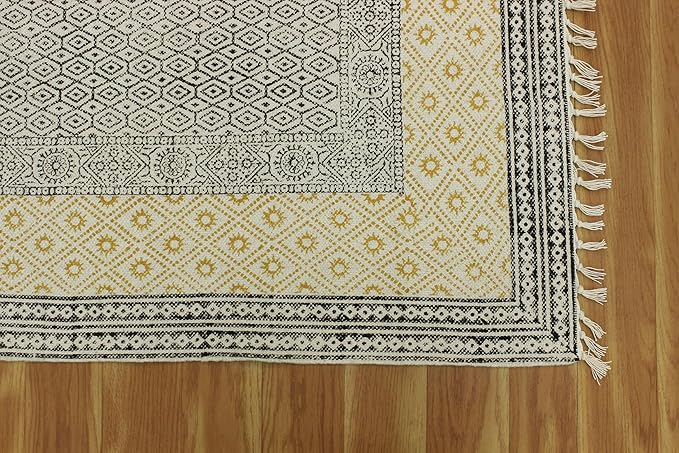 Kilim Rug 3x5 Area Rug Beige & Black Cotton Dhurrie Oriental Thick 0.19 inches Stone Easy Washable Rug Hand Wash Cotton Carpet Flatweave Rug Indoor Outdoor Rugs for Kitchen, Bedside, Enterway