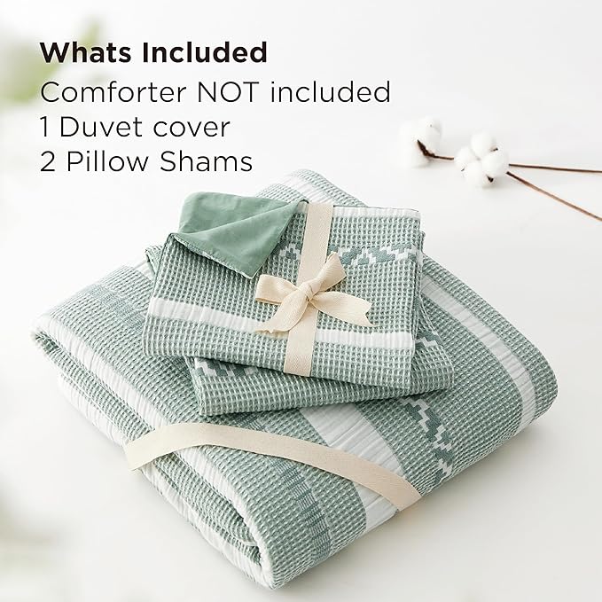 Bedsure Waffle Weave Duvet Cover Queen - 100% Cotton Boho Duvet Cover with 2 Pillowcases - Green Textured Comforter Cover with Zipper Closure (Queen, 90"x90")