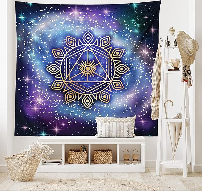 Ambesonne Geometry Tapestry, Celestial and Terrestrial Harmony of Cosmos Mandala Form on Nebula Art, Fabric Wall Hanging Decor for Bedroom Living Room Dorm, 45" X 30", Indigo
