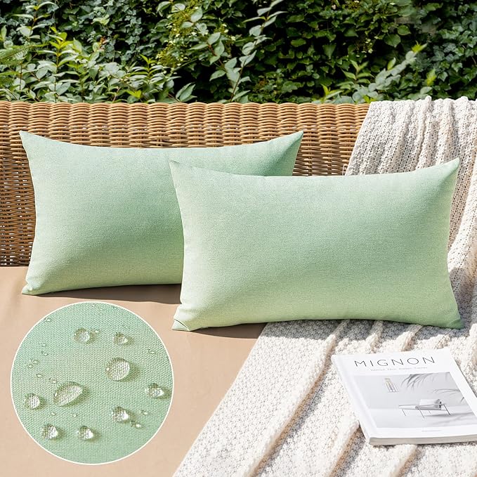 MIULEE Pack of 2 Decorative Outdoor Solid Waterproof Throw Pillow Covers Spring Faux Linen Garden Farmhouse Cushion Cases for Patio Tent Balcony Couch Sofa 20x12 Inch Sage Green