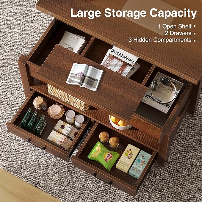 Rolanstar Coffee Table Lift Top, Multi-Function Convertible Coffee Table with Drawers and Hidden Compartment, Converts to Dining Table for Living Room, Home Office,Espresso