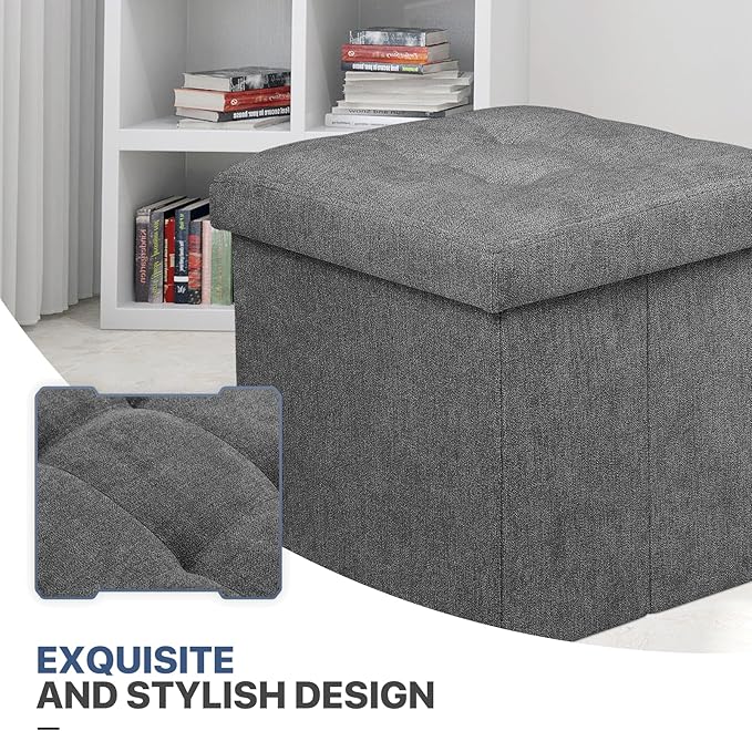 MoNiBloom 15 Inches Storage Ottoman Cube, Folding Square Foot Rest Stool, Small Ottoman Footrest with Storage for Living Room, Bedroom, Entryway, Dark Gray