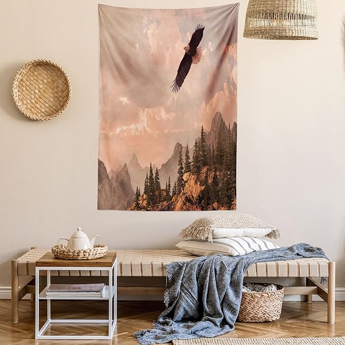 Ambesonne Eagle Tapestry Twin Size, Nature Photography of Rocky Mountains and Forest a Bird Flying over It, Wall Hanging Bedspread Bed Cover Wall Decor, 68" X 88", Rose Green