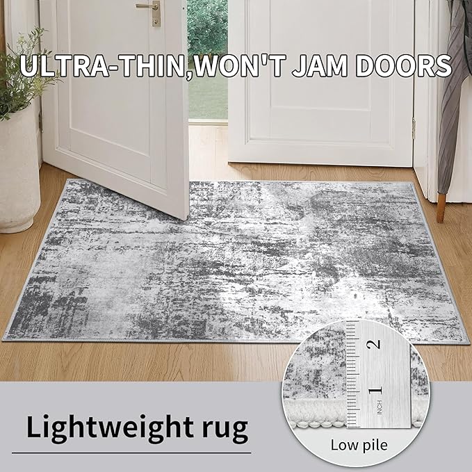 Ciicool 2x6 Washable Runner Rug, Modern Abstract Hallway Rugs Runner, Non-Slip Thin Accent Rug Lightweight Grey White Print Distressed Carpet for Laundry Entryway Bedroom Kitchen Bathroom Indoor