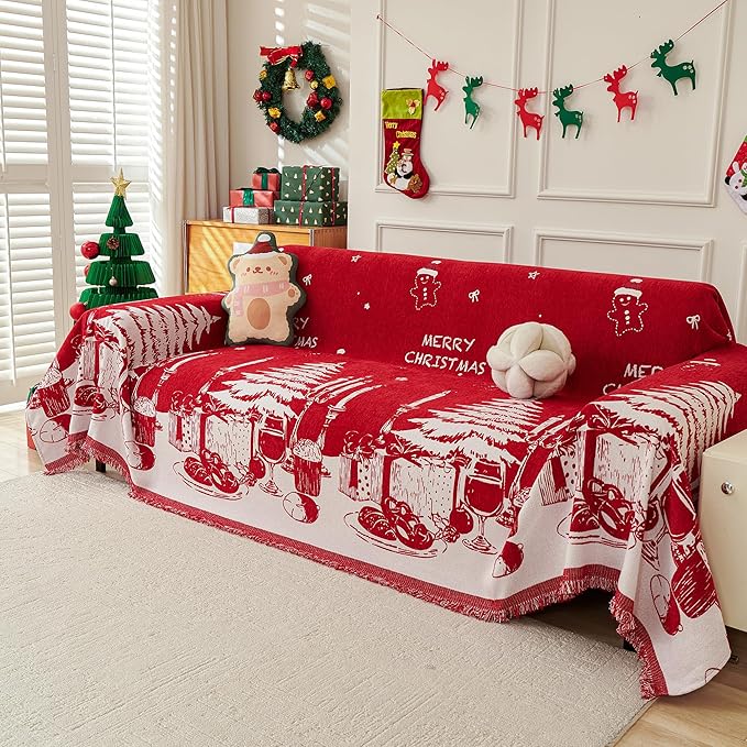 MYSKY HOME Christmas Couch Cover, Sofa Cover for 3 Cushion Couch, Non-Slip Soft Sofa Slipcover Protector, Sofa Covers Washable, Couch Covers for Sectional Sofa, Sofa Towel for Pet Cat Dog, 71" x 134"