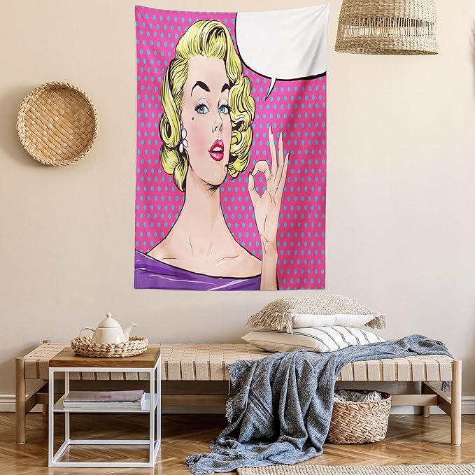 Ambesonne Vintage Tapestry Queen Size, Pop Art Blonde Woman Making OK Sign on Dotted Background Retro Comic Book Design, Wall Hanging Bedspread Bed Cover Wall Decor, 88" X 88", Pink Blue