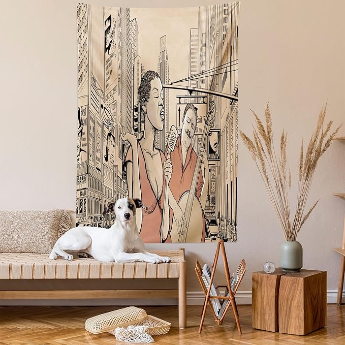 Ambesonne Jazz Music Tapestry, Singer Double-Bass Player in a Street of New York Urban Lifestyle Image, Fabric Wall Hanging Decor for Bedroom Living Room Dorm, 30" X 45", Brown Beige