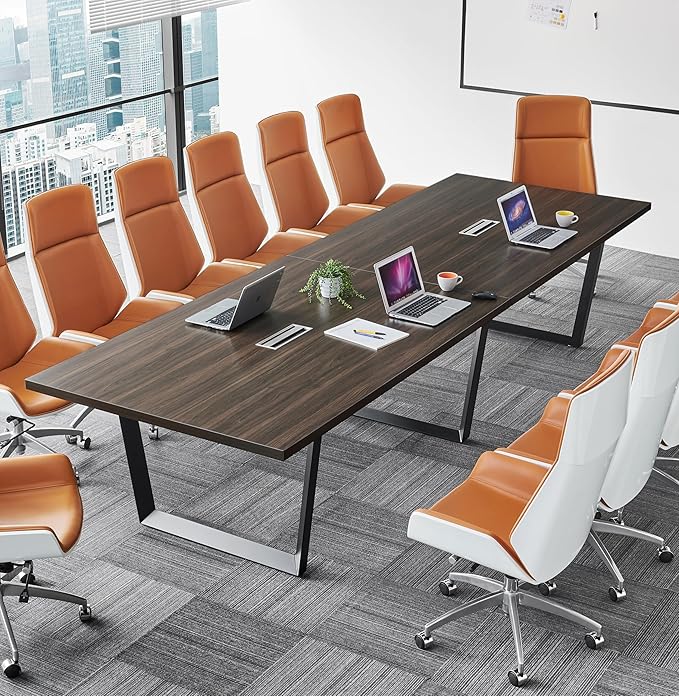 Sturdy Conference Table with Cable Management Grommets Modern Rectangle Office Meeting Table with Wood Tabletop and Metal Frame & Legs- Easy Assembly Boardroom Table (Dark Brown, 12 Foot)