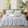 MooMee Gingham Duvet Cover Set 100% Washed Cotton Linen Like Textured Breathable Durable Soft Comfy Modern Checkered Design (Classic Gingham Cornflower Blue, Twin 68"x90")