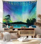 Ambesonne Aurora Borealis Tapestry, Sky over Lake Surrounded Forest Woods Hemisphere Print, Fabric Wall Hanging Decor for Bedroom Living Room Dorm, 28" X 23", Violet Blue Lime Green