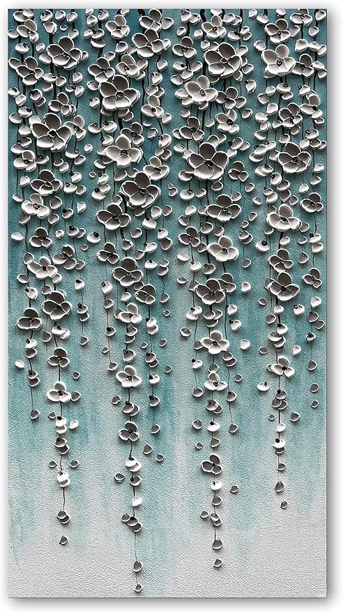 Epicler Large-Scale Oil Painting on Canvas Wall Art,46x23 inches Hand-Painted White Flower Wall Painting, Abstract Canvas Wall Art for Home Wall Decoration