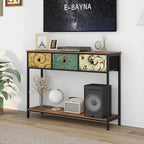 Tohomeor Entryway Console Table with 3 Retro Flowers Fabric Drawers Boho Narrow Long Behind Couch Sofa Table with Bottom Open Storage Shelf for Hallway Living Room Foyer (Rustic Brown, 3 Drawers)