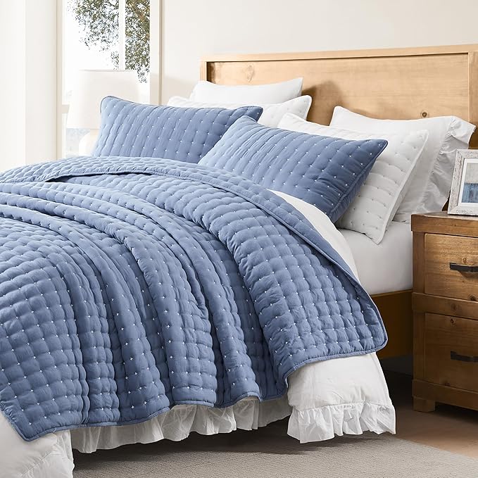 WDCOZY Blue Queen Size Quilt Bedding Sets with Pillow Shams, Lightweight Soft Bedspread Coverlet, Quilted Blanket Thin Comforter Bed Cover, All Season Summer Spring, 3 Pieces, 90x90 inches