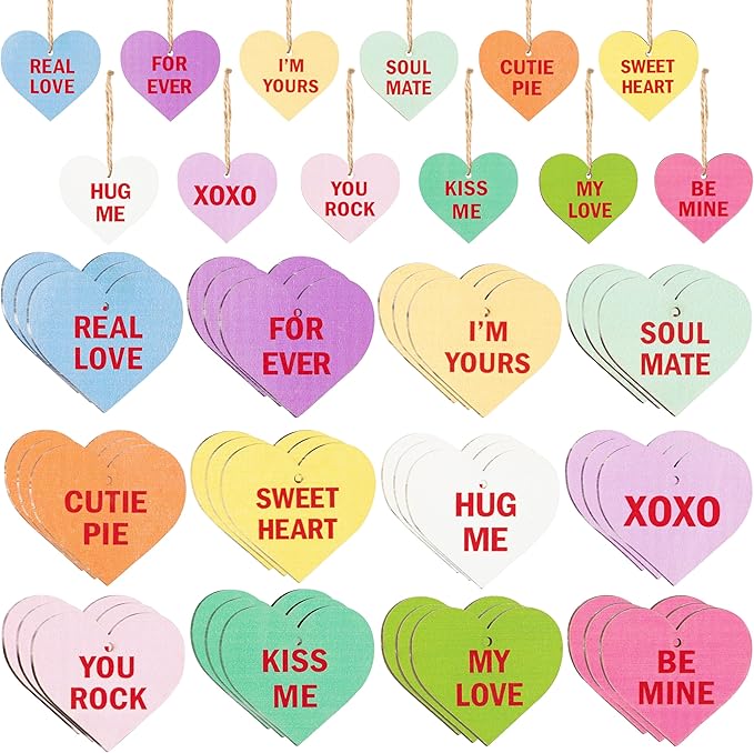 ANGOLIO 37Pcs Valentine's Day Wooden Candy Heart Hanging Ornaments Conversation Heart Hanging Decorations Colorful Love Heart Ornaments for Valentine's Day Wedding Holiday Party Supplies Decor