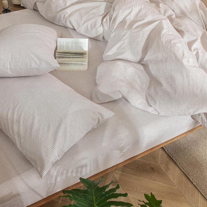 MooMee Striped Duvet Cover Set 100% Washed Cotton Linen Like Textured Breathable Durable Soft Comfy (Orange Pinstripes, Palatial King/Oversized King 120"x98")
