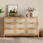 LINSY HOME Rattan Dresser with 9 Deep Drawers, 58" Wide Long Chest of Drawers, Mid Century Modern Tall Dresser, Large Wood Boho Storage Cabinet for Bedroom with Metal Handle and Durable Legs, Oak