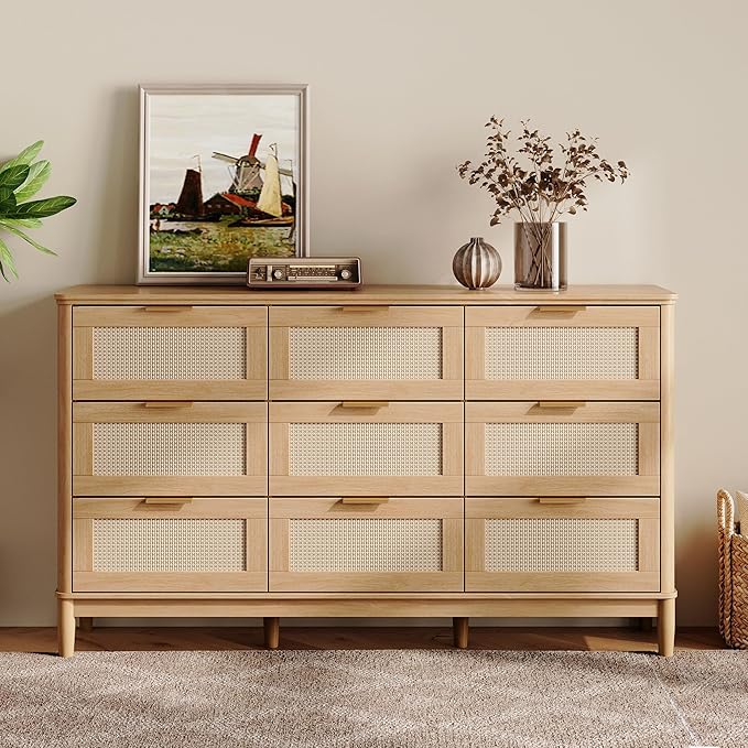LINSY HOME Rattan Dresser with 9 Deep Drawers, 58" Wide Long Chest of Drawers, Mid Century Modern Tall Dresser, Large Wood Boho Storage Cabinet for Bedroom with Metal Handle and Durable Legs, Oak