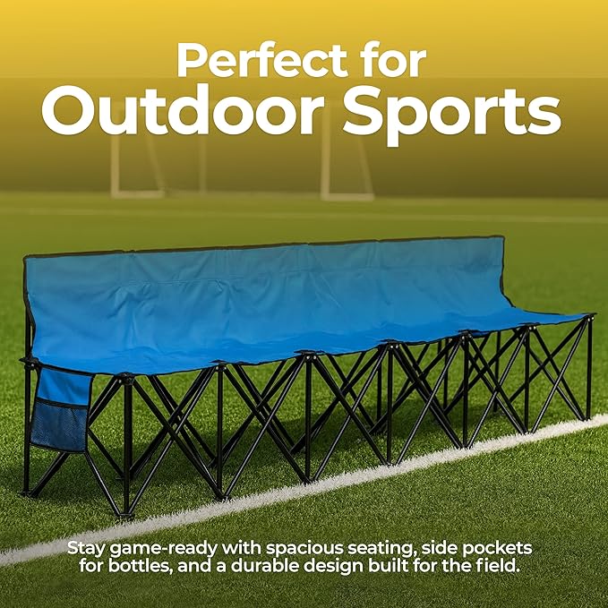 Folding Bench Seat with 2 Pockets for Easy Storage – Portable Lightweight Weather Resistant Sideline Seating Team Bench with a Carrying Bag for Soccer | Baseball | Camping