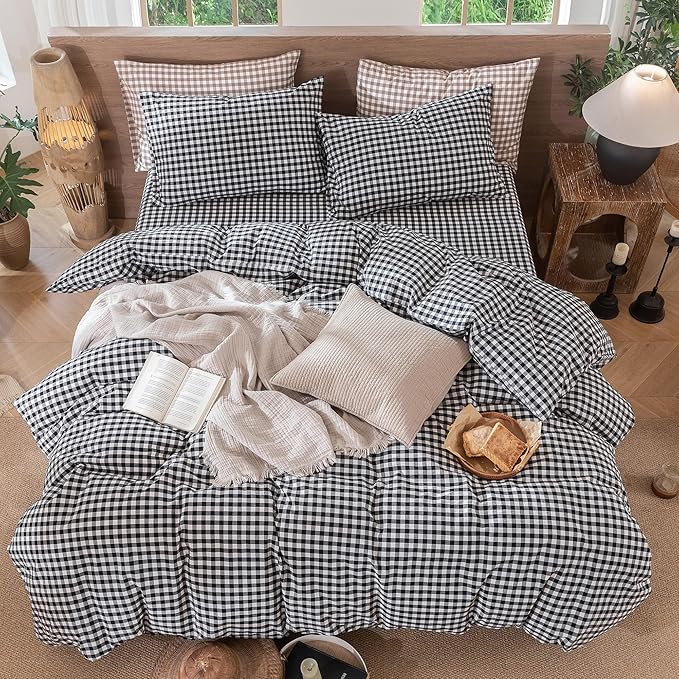 MooMee Gingham Duvet Cover Set 100% Washed Cotton Linen Like Textured Breathable Durable Soft Comfy Modern Checkered Design (Black White Gingham, Oversized Queen 98"x98")