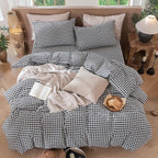 MooMee Gingham Duvet Cover Set 100% Washed Cotton Linen Like Textured Breathable Durable Soft Comfy Modern Checkered Design (Black White Gingham, Palatial King/Oversized King 120"x98")