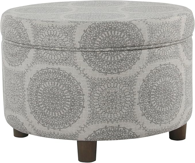 Homepop Home Decor | Upholstered Round Storage Ottoman | Ottoman with Storage for Living Room & Bedroom (Grey Medallion) 24.0 In. X 24.0 In. X 17.0 In.