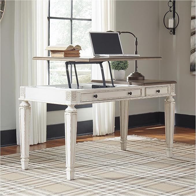 Signature Design by Ashley Realyn Home Office Lift Top Desk, USB Charging, Spring Lift Top, Smooth-gliding Drawer, 60" W x 28" D x 31" H, Chipped White and Brown