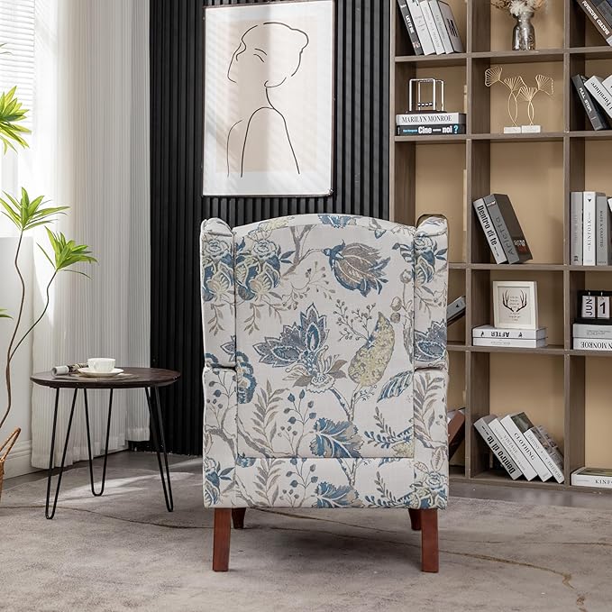 KEIKI Floral Accent Chair for Living Room – Timeless Botanical Style with Carved Wooden Legs, Decorative Upholstered Armchair for Refined Seating